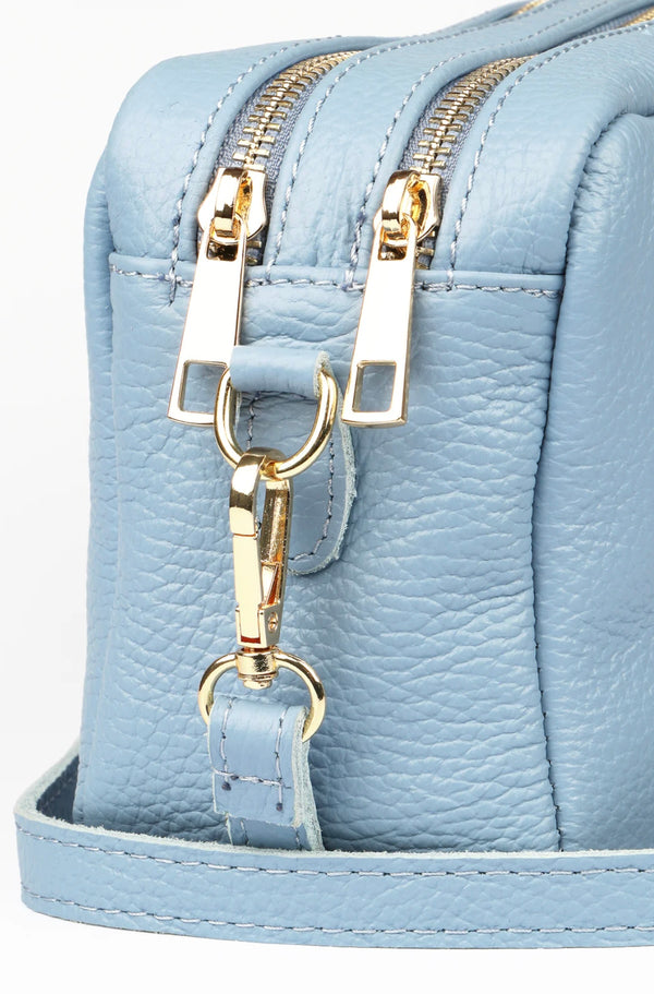 Azure Italian Leather Double Section Crossbody Camera Bag