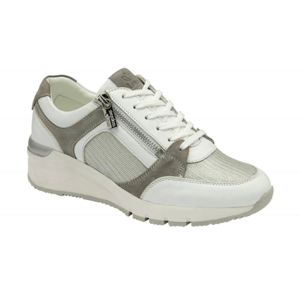 White & Silver Leather Saara Casual Wedge Trainers | Stressless by Lotus
