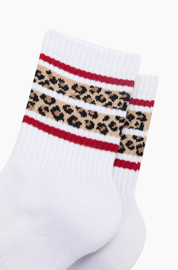 White & Red Leopard Print Striped Organic Ribbed Socks