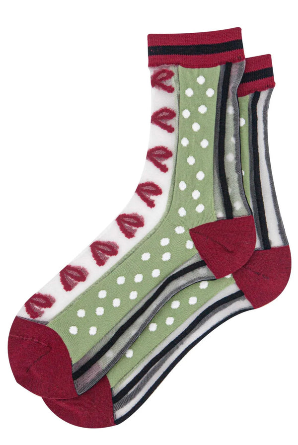 Green & Red Sheer Striped & Bow Socks