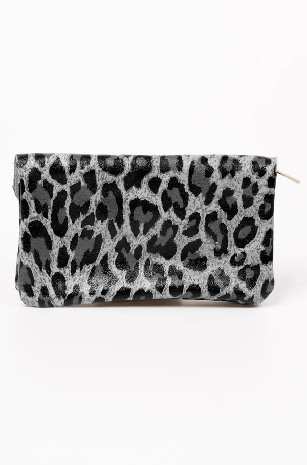 Sadie Grey Metallic Leather Leopard Print Purse