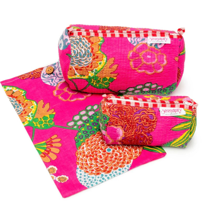 Tropical Fuchsia Cotton Cosmetic Bag Set
