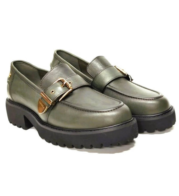 Carmela Khaki Leather Loafers with Buckle