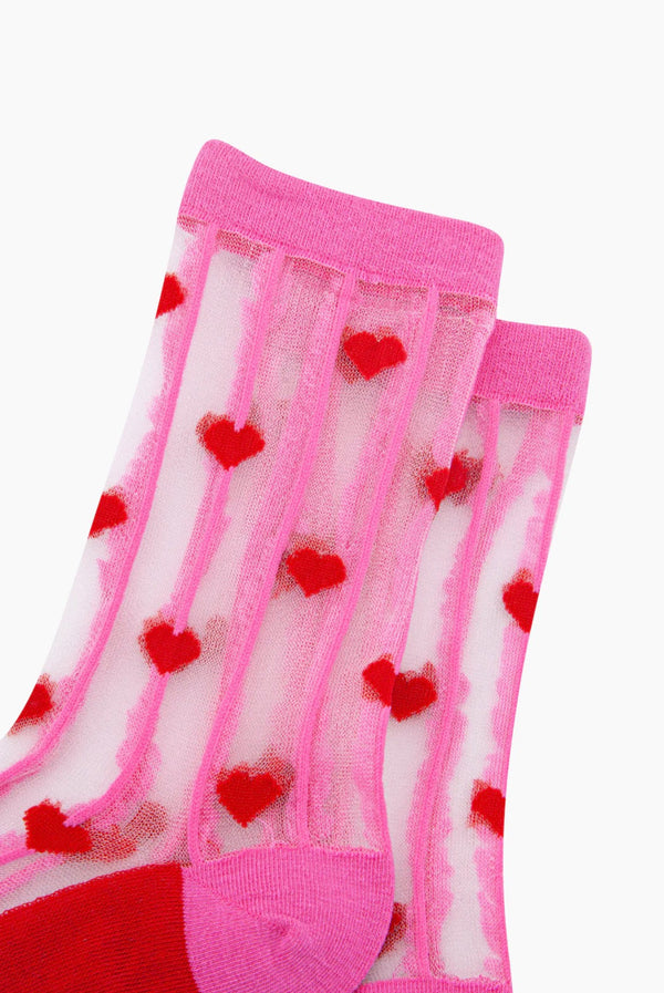 Pink & Red Heart Stripes Combed Cotton Sheer Socks