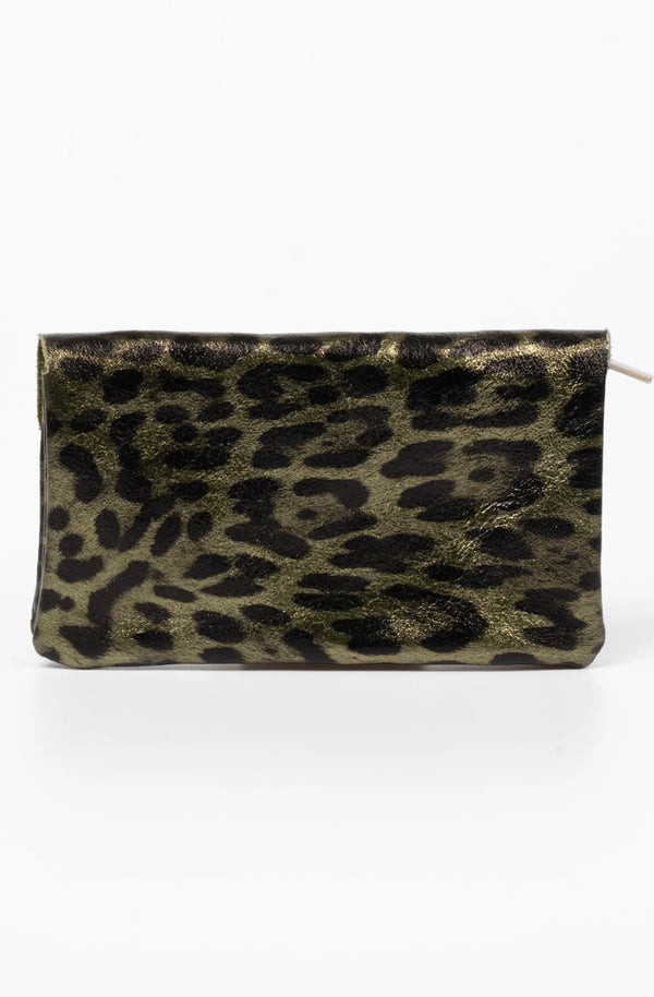 Sadie Khaki Metallic Leather Leopard Print Purse