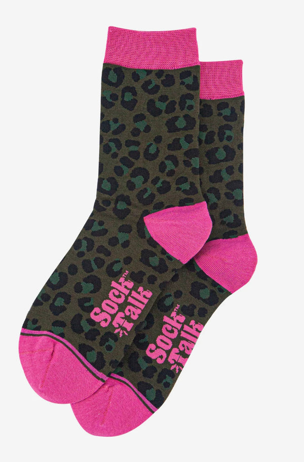 Khaki & Hot Pink Leopard Print Socks
