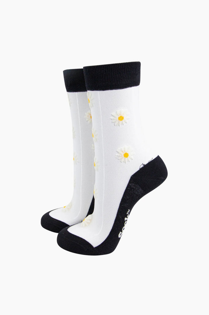 Black Dainty Daisy Combed Cotton Sheer Socks