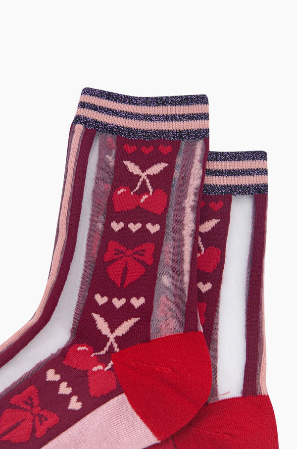 Burgundy Bow & Cherry Sheer Socks