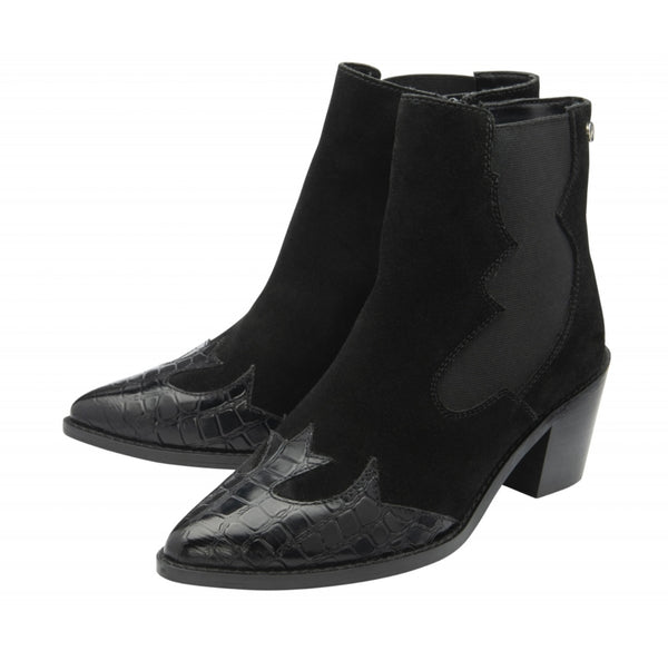 Ravel Black Suede & Patent Esk Heeled Ankle Boots