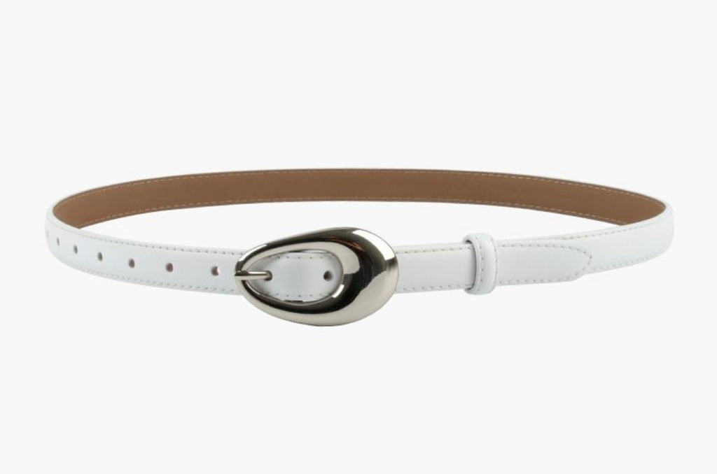 White Slim Leather Belt with Oval Buckle