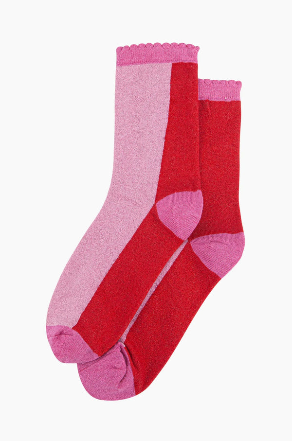 Red & Pink Colour Block Glitter Socks