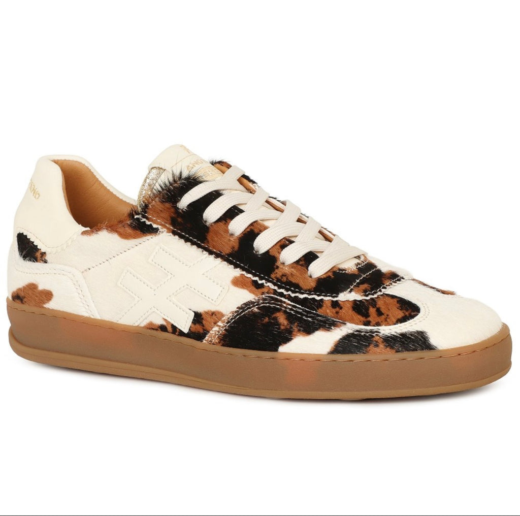 Another Trend Cream & Brown Cow Print Gum Sole Trainers with Metallic Pink