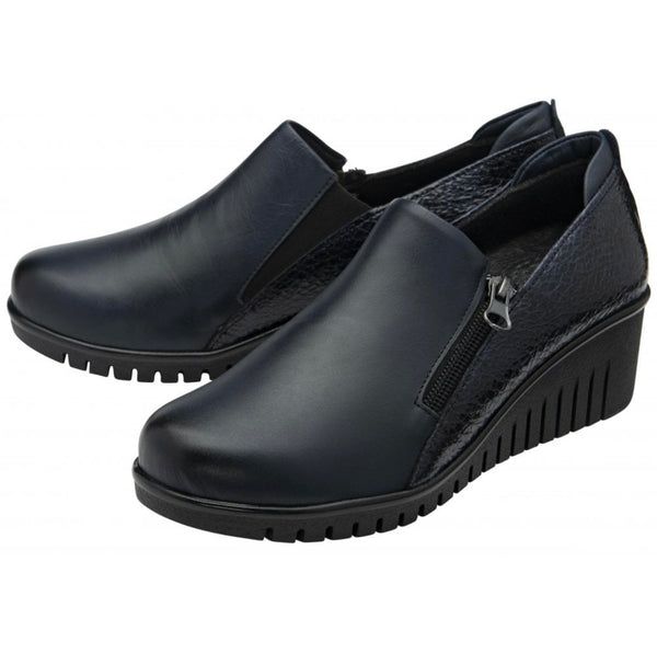 Altan Navy Leather Wedge Double Zip Shoes