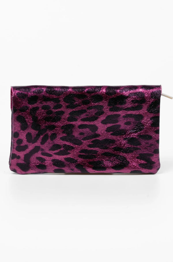 Sadie Fuchsia Metallic Leather Leopard Print Purse