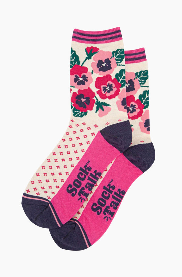Cream & Pink Pansies Bamboo Cotton Socks