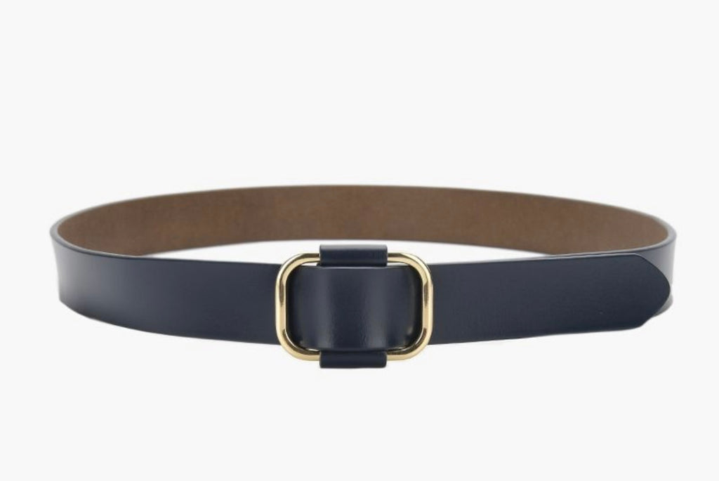 Navy Leather Belt with Gold Buckle