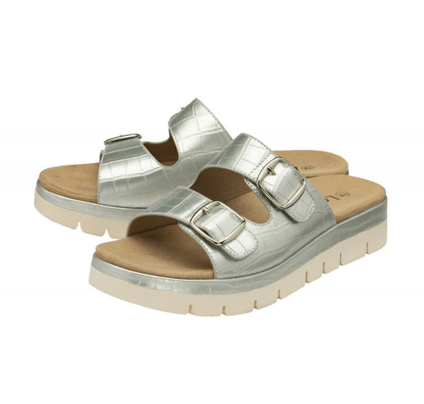 Silver Croc-Print Linari Open-Toe Mule Sandals Lotus