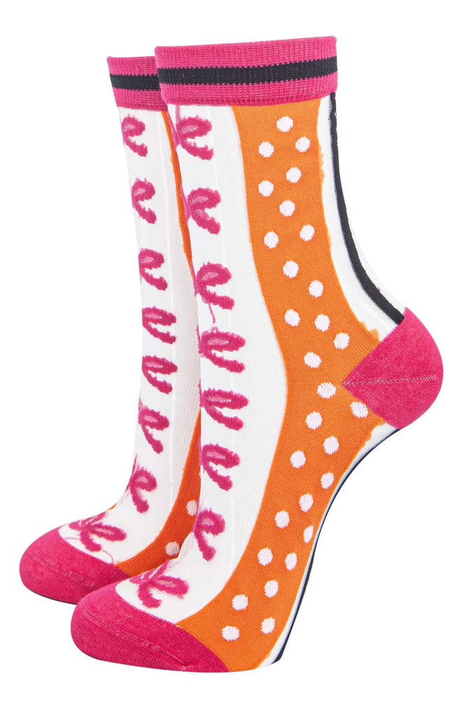 Orange & Hot Pink Sheer Striped Bow Print Socks