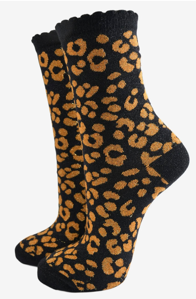 Black & Orange Leopard Print Glitter Socks