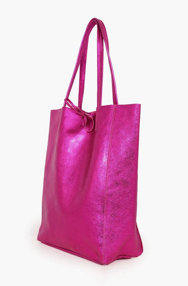 Heather Metallic Raspberry Italian Leather Tote Bag