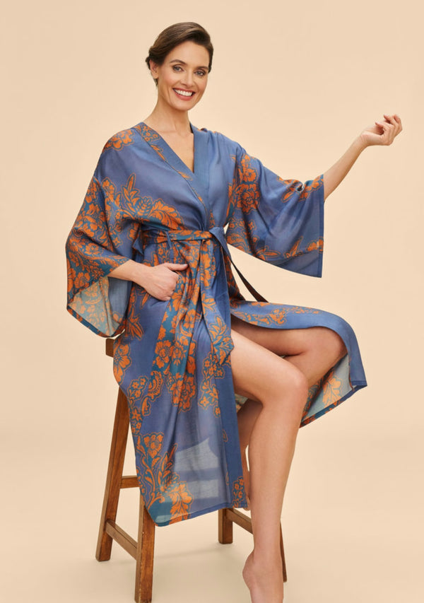Powder Denim Tapestry Kimono Gown