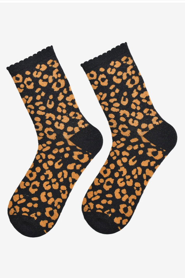Black & Orange Leopard Print Glitter Socks