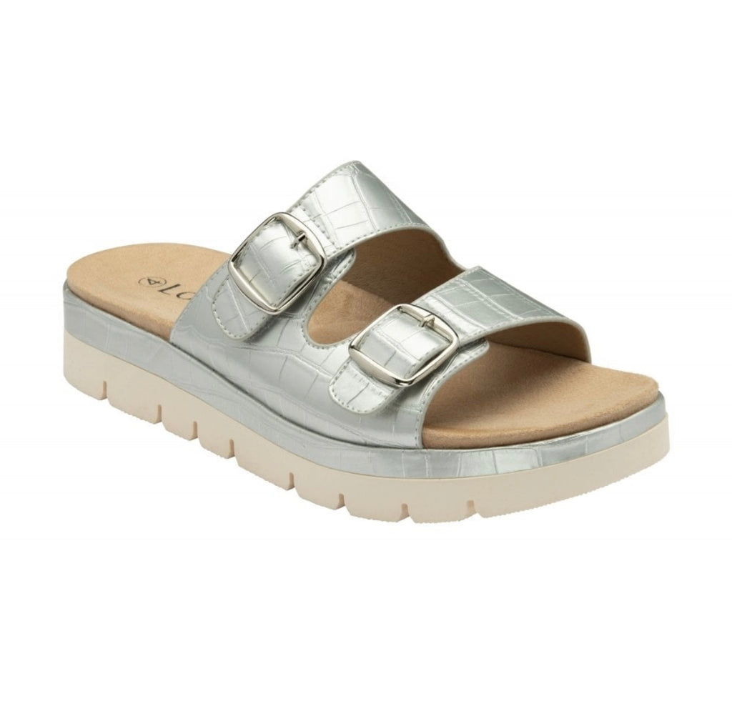 Silver Croc-Print Linari Open-Toe Mule Sandals Lotus