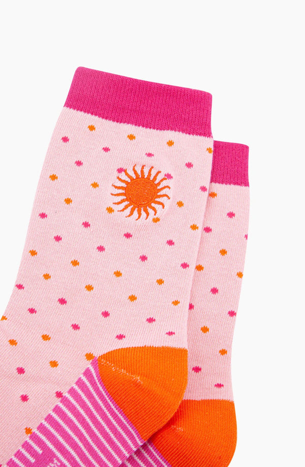 Pink Embroidered Sun Spot Combed Cotton Socks