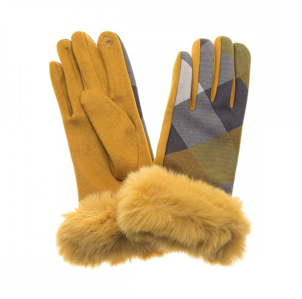 Mustard Check & Faux Fur Trim Gloves