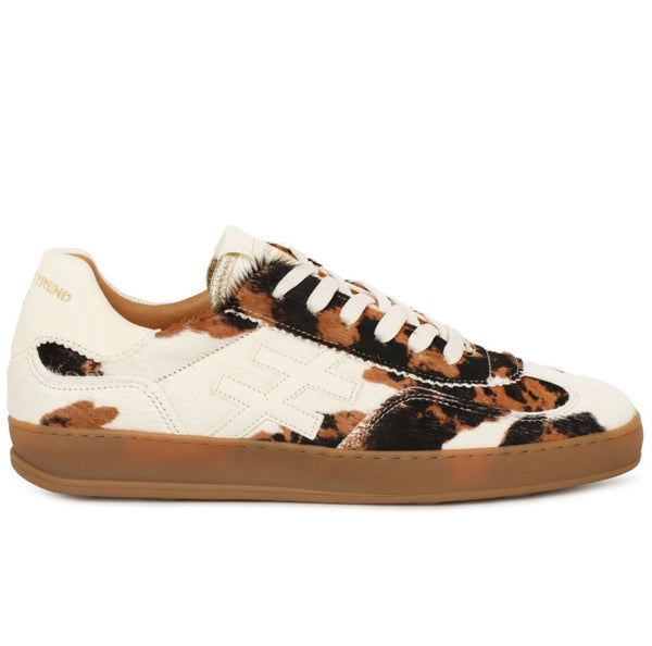 Another Trend Cream & Brown Cow Print Gum Sole Trainers with Metallic Pink