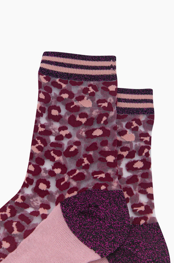 Burgundy Leopard Print Sheer Socks