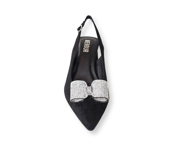 Black Slingback Block Heel with Diamonte Bow