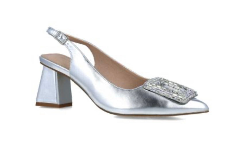 Menbur Silver Pointed Slingback Block Heel