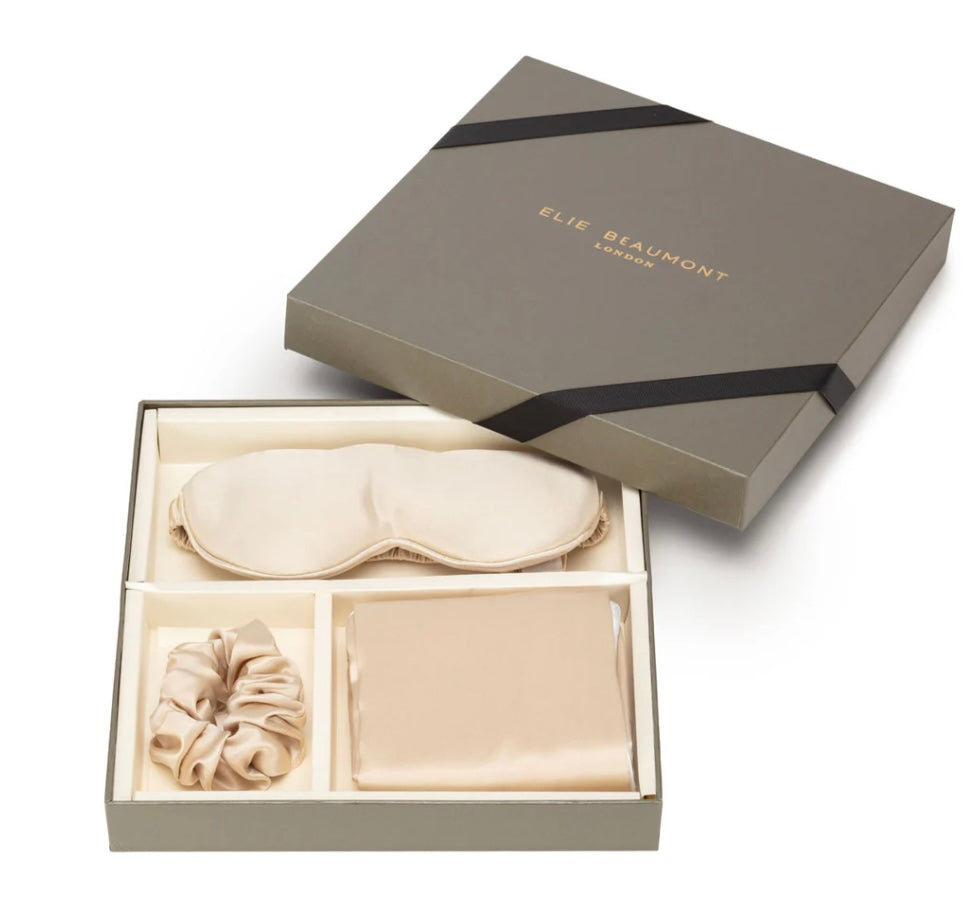 Champagne Silk Pillow, Eye Mask & Scrunchie Gift Set