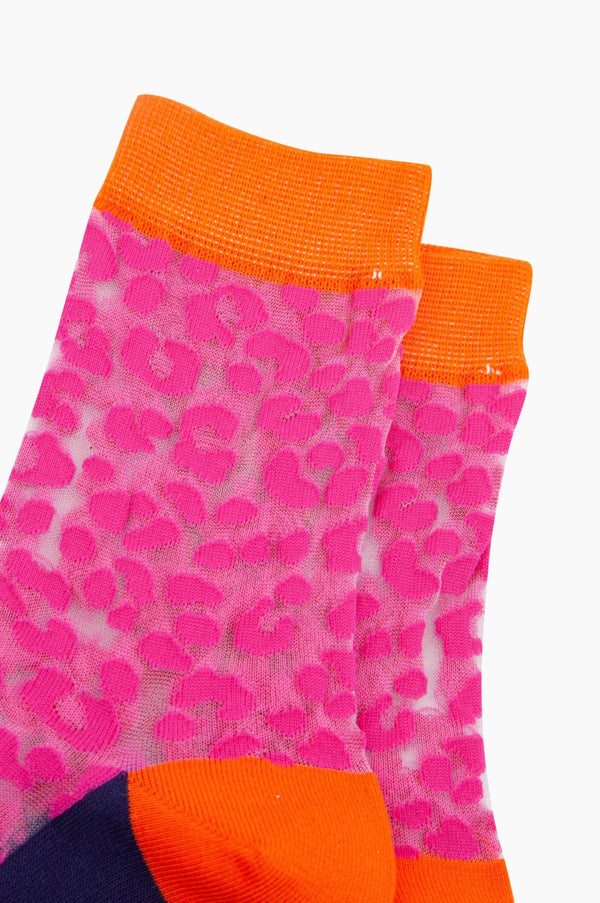 Pink Leopard Print Combed Cotton Sheer Socks