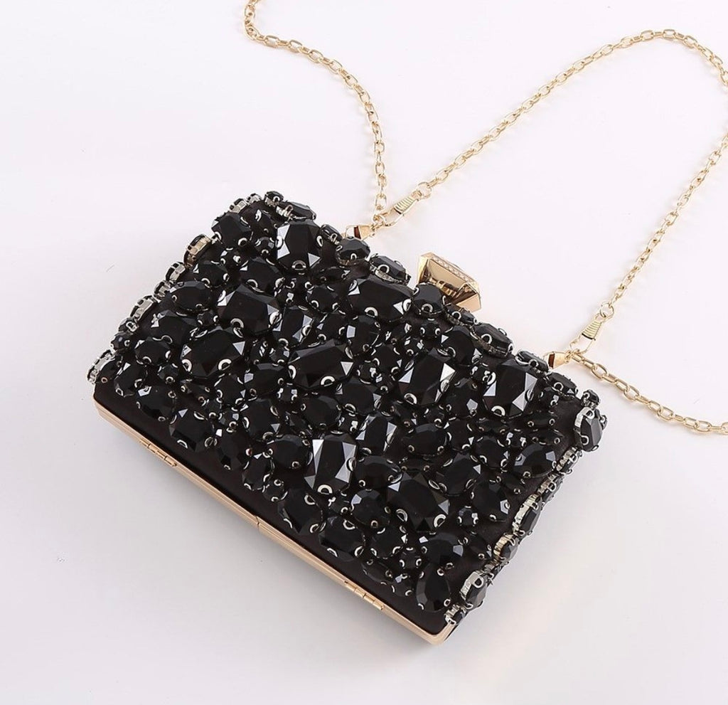 Black Embellished Bag with Gold and Crystal Detail