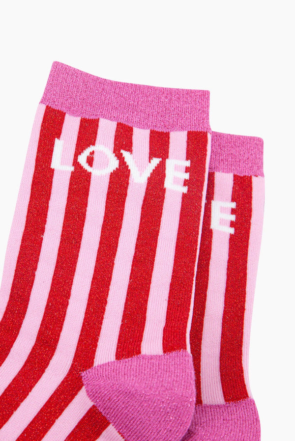 Love Red & Pink Striped Glitter Socks