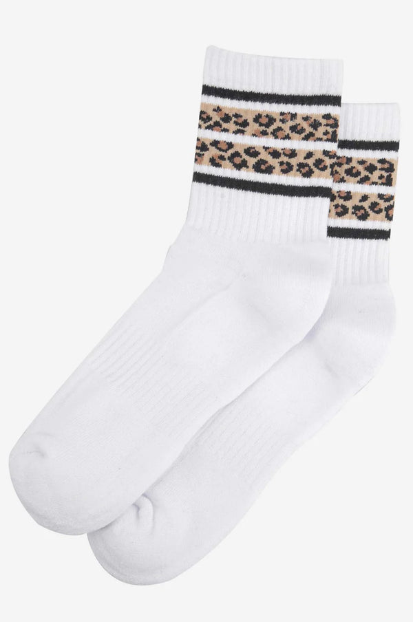 Leopard Print Striped Organic White Ribbed Socks