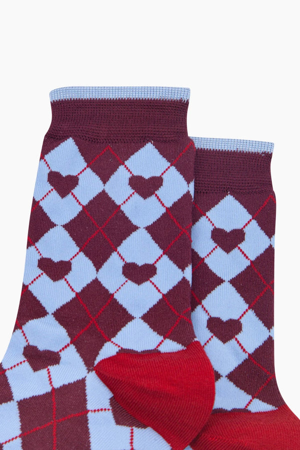 Burgundy & Blue Heart Argyle Bamboo Socks