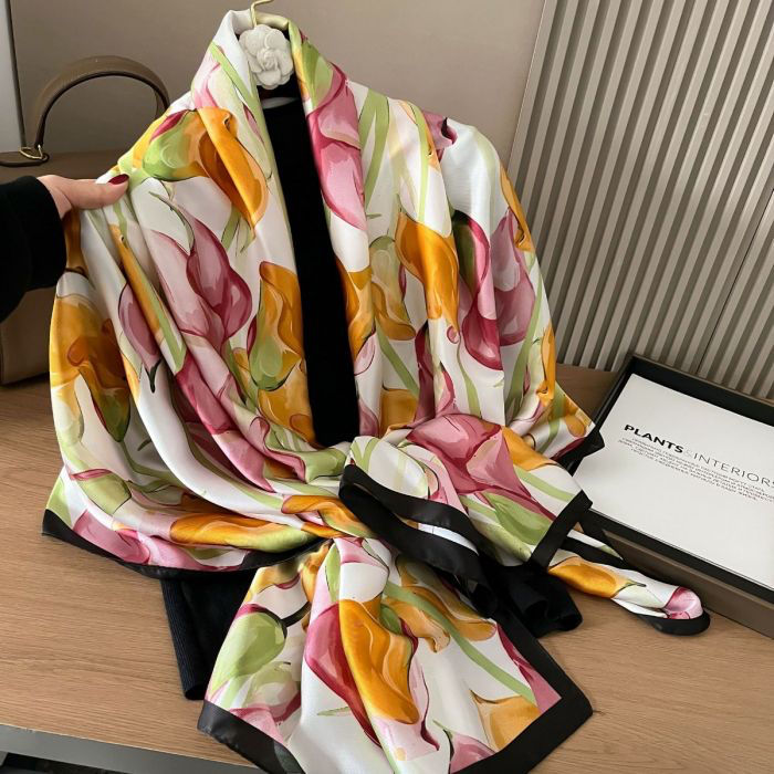 Calla Lily Motif Cream & Orange Silk Scarf