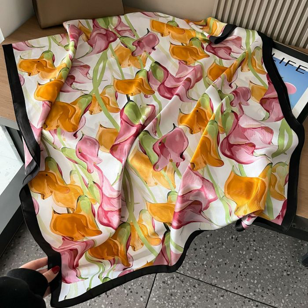 Calla Lily Motif Cream & Orange Silk Scarf