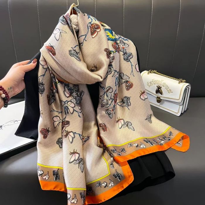 Butterfly Print Taupe & Orange Silk Scarf