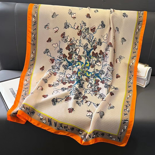 Butterfly Print Taupe & Orange Silk Scarf