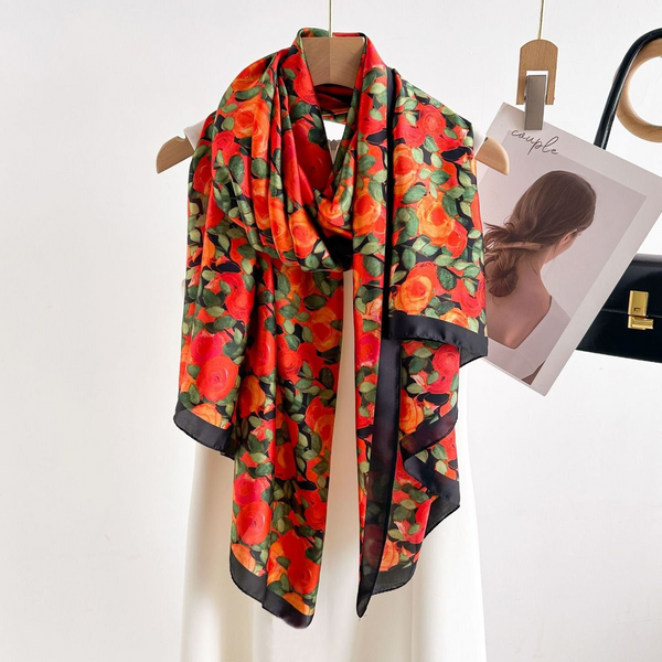 Roses Print Orange & Red Silk Scarf