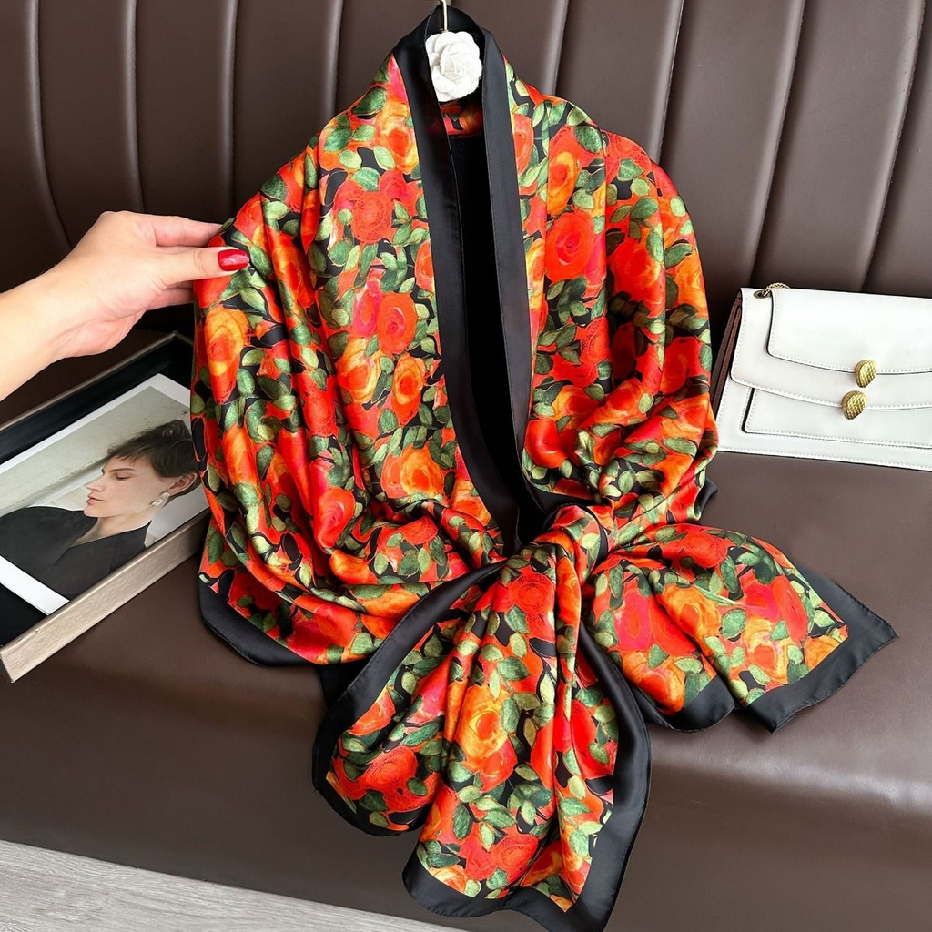 Roses Print Orange & Red Silk Scarf