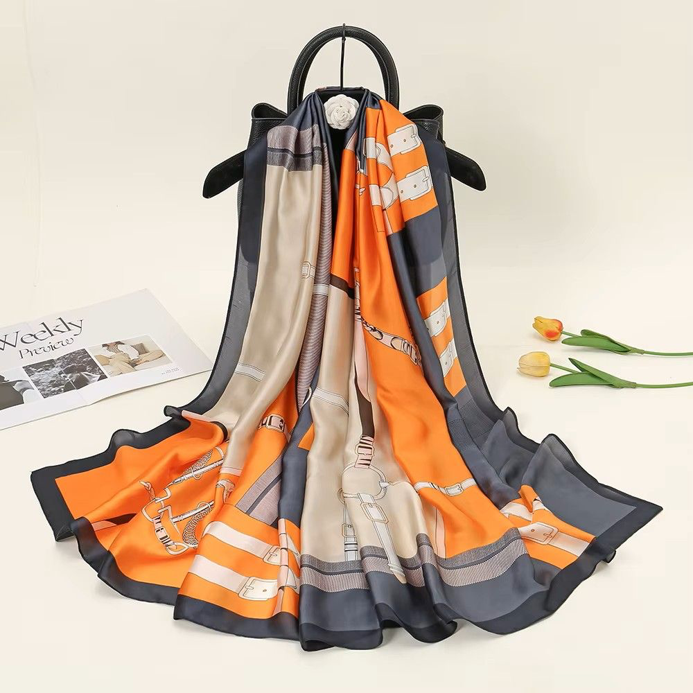 Brocade Design Navy & Orange Silk Scarf