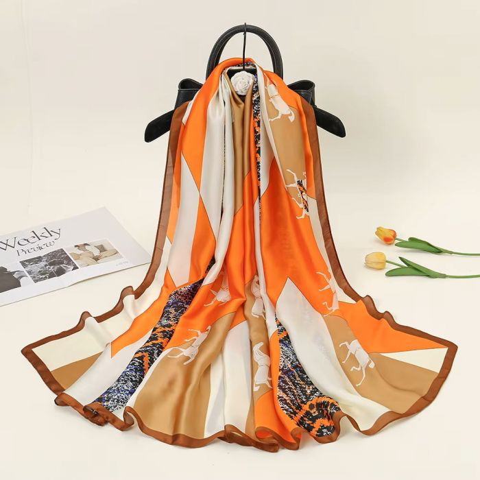 Horse Motif Orange & Cream Silk Scarf