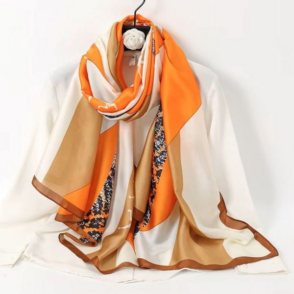 Horse Motif Orange & Cream Silk Scarf