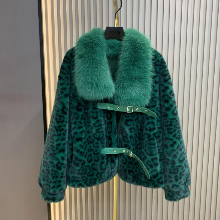 Green Leopard Print Faux Fur Buckle Coat
