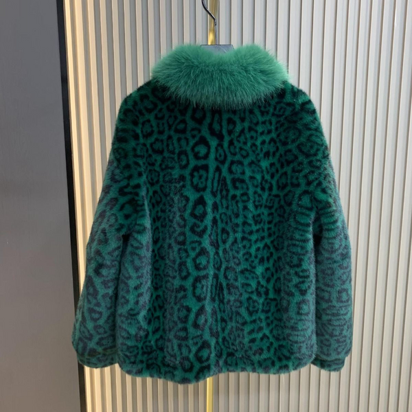 Green Leopard Print Faux Fur Buckle Coat